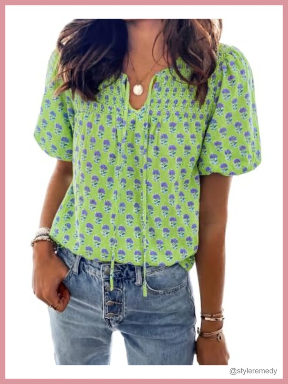 Boho Floral Puff Sleeve V-Neck Blouse with Drawstring